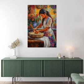 RileyCraftley Mexican Girl Cooking Canvas Wall Art Traditional Mexican Kitchen Painting Cultural Home Decor Mexico Artwork Dining Room Wall Art
