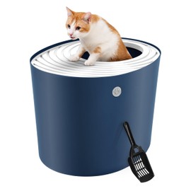 IRIS USA Cat Litter Box, Large Top Entry with Litter Catching Lid and Scoop, Dog Proof, Cat Box Enclosure, Navy/White