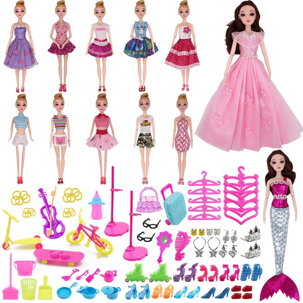 EuTengHao 89Pcs Doll Clothes and Accessories for 11.5 Inch Girl Dolls Set Include 10 Different Party Grown Outfits for Girl Doll, 77 Doll Accessories,1 Handmade Wedding Doll Dress and 1 Mermaid Dress