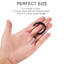 2 Inch Ceiling Hooks, Screw-in Cup Hooks, Vinyl Coated Screw Hooks for Hanging Plants Lights Mugs Heavy Duty Indoor Outdoor Use, Screw in Metal Wall Hooks Kitchen Hanger, Black (12 Pack)