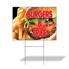 Weatherproof Yard Sign Burgers & Fries Advertising Printing B Golden Lawn Garden Take Out 24x18 Inches 2 Sides Print