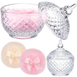 Tioncy 3 Pcs Large Body Powder Puff and Container Valentine's Day gift Powder Container with Puff Crystal Case Soft Washable Reusable Velour Face Body Glitter Wet Dry Makeup(Multi-faceted Cut,Clear)