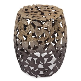 Howard Elliott Olive Leaf Round Side Table & Stool, Unique Bronze Finish Cast Aluminum Bedside Table, Modern Accent Decoration Side End Table for Living Room, Balcony & Bedroom, 17 x 16.25 Inch