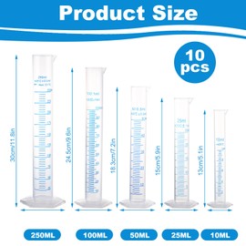 GBACHOOSE 10 Pcs Plastic Graduated Cylinder, 10ml 25ml 50ml 100ml 250ml Transparent Measuring Cylinder Lab Test Tube Flask, Measuring Lines Graduated Cylinder Beaker for Science Lab Project