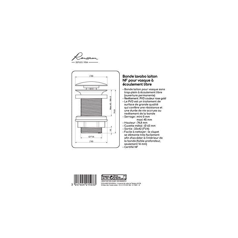 Edouard Rousseau Rose Gold Waste without Overflow