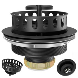EXAKEY Black Sink Drain 3-1/2 Inch Kitchen Sink Drain Strainer Assembly Kit with Stainless Steel Strainer Basket and Drain Stopper for Standard Kitchen Sink Matte Black