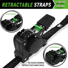 Retractable Ratchet Straps(4 Pack) - 1in x 10ft Self Retracting Ratchet Straps with Soft Loops, 1,500 lbs Break Strength Retractable Tie Down Straps, Easy Retract for Motorcyle, Cargo, Truck, Trailer