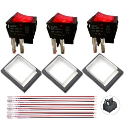 FABULWAY 30A 125V/250V AC KCD4/KCD2 Rocker Switch DPST 4 Pin 2 Position Red Lighted 120V Rocker Toggle Switch ON/Off Heavy Duty with Wires and Waterproof Silicone Cover- 3 Pack (30A Red Lighted)