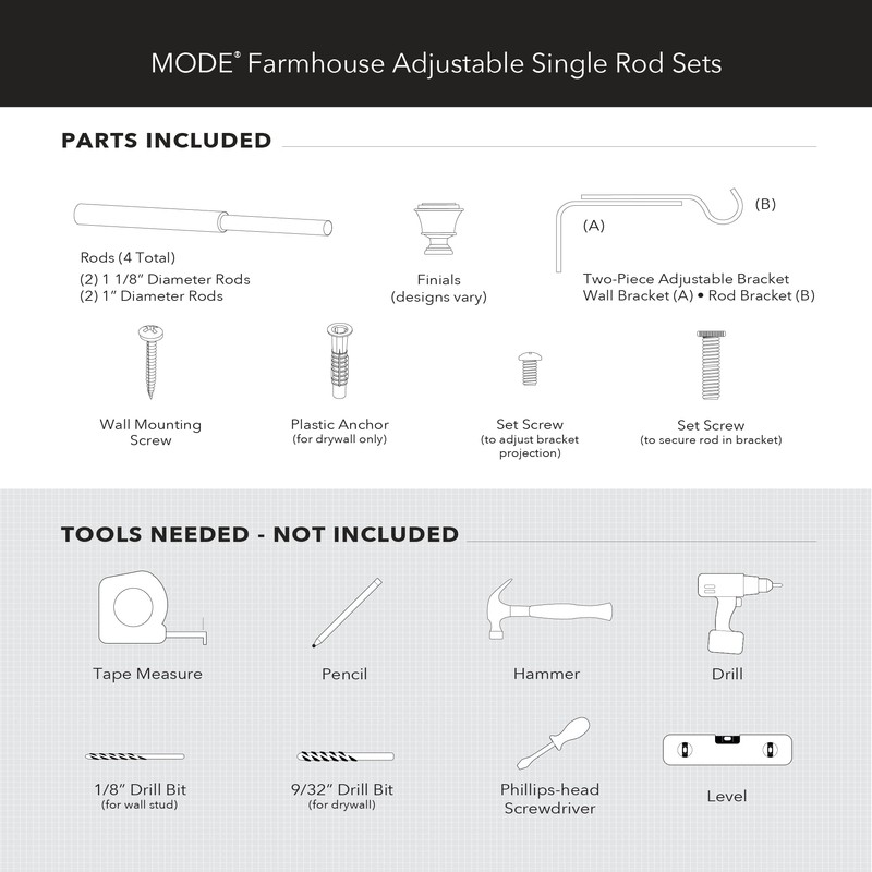 MODE Farmhouse Collection 1 1/8" Diameter Curtain Rod Set with