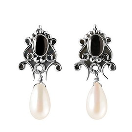 Franki Baker Black Onyx, Pearl & Oxidized 925 Sterling Silver Drop Earrings. Length: 2.5cms