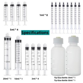 20 pack 1ml, 3ml, 5ml, 10ml, 20ml Dispenser with 30ml+50ml Glue Bottle, 14ga, 16ga, 18ga, 20ga, 22ga, 25ga Glue Dispenser tip and Caps for Measuring Liquids and Refilling,Glue, Oil, ink. (20 pack)
