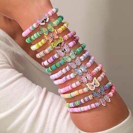 Behrooci Friendship Bracelets Boho Stackable Bracelets for Women Surfer Heishi Clay Bead Bracelets Stretch Preppy Bracelets Colorful Boho Bracelets for Women (12pcs Butterfly)