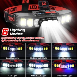 Headlamp, 2 Pack Led Rechargeable Headlamp with 6 Modes and Red Light 18000 High Lumen Head Flashlight, Bright Head Lamp IPX5 Waterproof USB Headlight for Outdoor Fishing, Hiking, Camping, Running