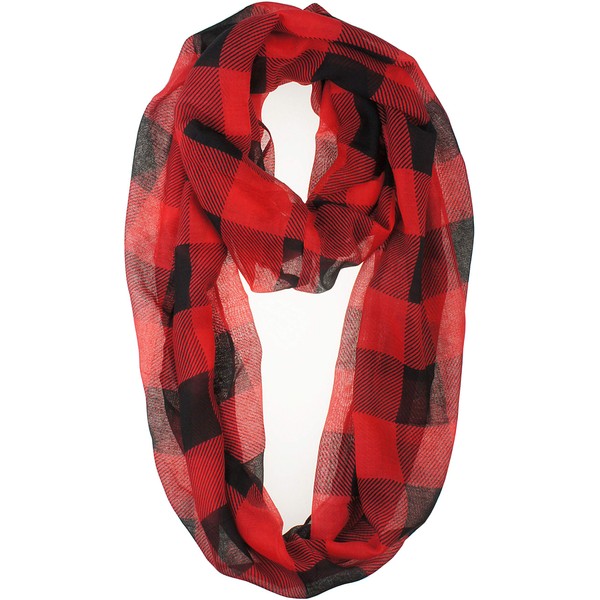 VIVIAN & VINCENT Fall Winter Soft Lightweight Buffalo Plaid Check Sheer Infinity Scarf for women Head Wrap Black and Red for Christmas