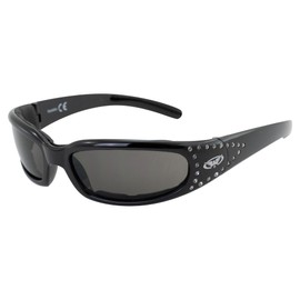 Global Vision Marilyn 3 Motorcycle Sunglasses for Women Black Frame w/Bling Rhinestones & Smoke Lens Great on Smaller Faces