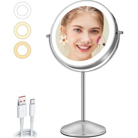 AumVum 8" Makeup Mirror with Lights, Vanity Mirror with 1X/10X Magnification, Touch Screen 3 Colors Dimmable 54 LED Lights Brightness Adjustable 360° Rotation for Tabletop