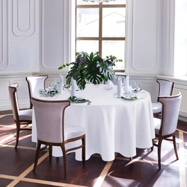 Biscaynebay Textured Fabric Tablecloths 90" Round for Tables' Diameters from 36" to 60", White Water Resistant Tablecloths for Dining, Kitchen, Wedding and Parties etc.