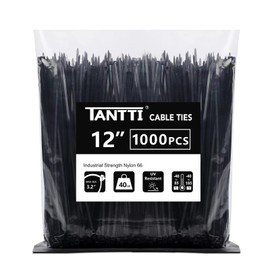 TANTTI Zip Ties 12 inch, Black Zip Ties 1000 pack, 40lb, Cable Ties, Self-locking Wire ties for indoor and outdoor use, by Tantti