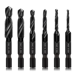 DKIBBITH 6 Packs Combination Drill & Taps Bit Set, Screw Tapping in SAE Size 6-32nc 8-32nc 10-32nc 10-24nc 12-24nc 1/4-20nc with Anti-Rust Black Coating, 1/4 Hex Shank and Storage Case