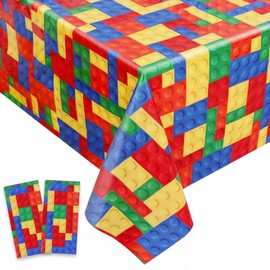 BEISHIDA 2 Pcs Building Blocks Party Tablecloth,Colorful Blocks Bricks Table Cover Disposable Plastic Tablecloth for Kids Boys Blocks Themed Birthday Party Supplies, 54 x 108 Inch