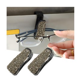 ZNDAW 2 PCS Glasses Holders for Car Sun Visor, Bling Crystal Rhinestones Car Sunglasses Holder with Ticket Card Clip, Eyeglasses Hanger Mount for Women Girls, Car Interior Accessories (Gray)