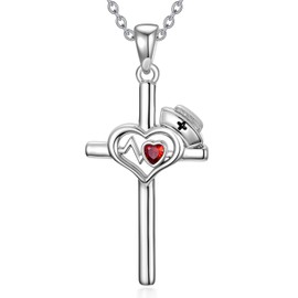 AOBOCO Cross Nurse Necklace 925 Sterling Silver Nurse’s Cap EKG Heartbeat Heart Necklace Nursing Graduation Gift for Women Nurse Medical Student