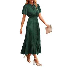 PRETTYGARDEN Summer Dresses for Women Midi Puff Short Sleeve V Neck Swiss Dot Pleated A Line Long Casual Wedding Guest Dress (Dark Green,Large)