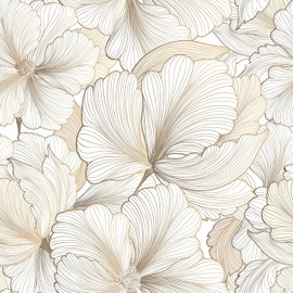 FunStick White and Gold Wallpaper Peel and Stick Gold Ginkgo Leaf Floral Wallpaper Mural for Bathroom Walls Self Adhesive Modern White Gold Beige Hibiscus Floral Contact Paper for Cabinets 17.5"x118"