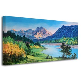 Ardemy Nature Mountain Canvas Wall Art Landscape Painting for Living Room Blue Ridge Picture Bedroom Panoramic Creek Scenery Artwork Framed Large Size for Home Office Wall Decor 48"x24"
