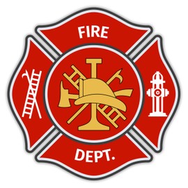 Fire Dept Maltese Cross Shaped Sticker - Red Yellow Firefighter, First Responder Stickers Helmet Car (4" x 4")