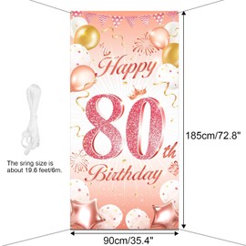 DPKOW Rose Gold 80th Birthday Party Decoration for Woman, Rose Gold 80th Birthday Banner for Backdrop Door Decoration, Fabric 80th Birthday Background Banner for Garden Wall Decoration, 185x90cm