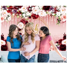 Sensfun Floral Baby Shower Backdrop Burgundy Flowers Glitter Oh Baby Photography Background Girl's Princess Rose Gold Baby Shower Decorations Newborn Party Banner Supplies Photo Booth Backdrops 7x5ft