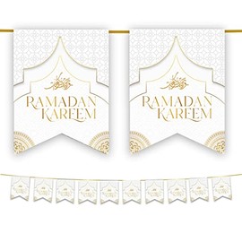 Ramadan Mubarak Kareem Bunting Party Flags - Ramadhan Decorations Banner Partyware Moon Star (Black & Gold) 10 Flags (White & Gold)