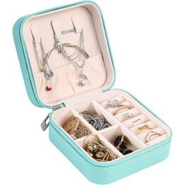 AiQInu Jewellery Box Small Jewellery Storage Travel for Women, PU Leather Jewellery Box Travel Mini Jewellery Box for Rings, Earrings, Necklace (Blue)