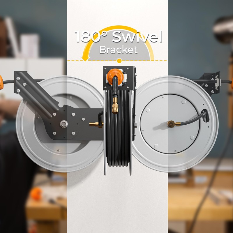 HOZEREEL Steel Retractable Air Hose Reel,3/8" x 50 ft Heavy
