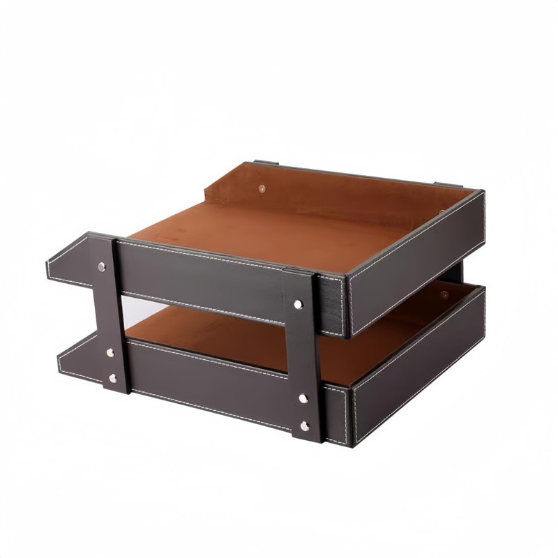 Leather Desk Organizer, Letter Tray Holder with Accessories, 2-Tier Stackable