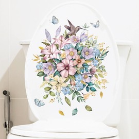 Birds Flowers Butterfly Toilet Seat Lid Stickers Self-Adhesive Bathroom Wall Sticker Floral, Birds, Butterfly Toilet Seat Decals DIY Removable Waterproof Sticker for Bathroom Decor Decals