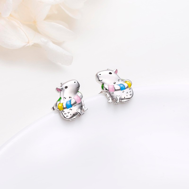 HOOHWE Capybara Earrings 925 Sterling Silver Capybara Swimming Ring Stud