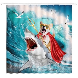 Funny Dog Corgi Riding Shark Shower Curtain Ocean Sea Waves Seagull Animal Surfing for Boy Girls Men Summer Hilarious Creative Ocean Animal Bathroom Decor Fabric Curtains with Hooks