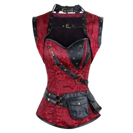 Charmian Women's Steel Boned Retro Goth Brocade Steampunk Bustiers Corset Top with Jacket and Belt Red Medium