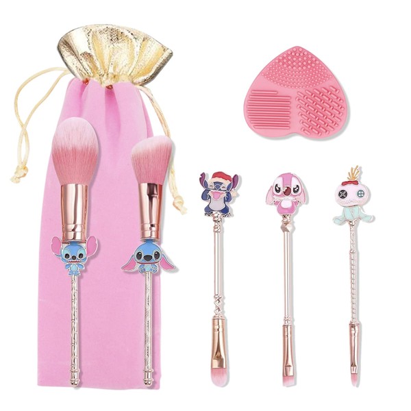 5Pcs Stitch Makeup Brush Set,Stitch Theme Cosmetic Brushes for Powder Eyeshadow Blushes Lips Portable Makeup Brush Set with Brush Cleaner Lovely Stitch Gift for Girl Women