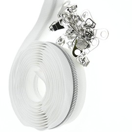 cierre de 10 yardas por yarda – cierre de dientes metálicos (cinta blanca, dientes plateados) – 25 tiradores de cierre plateados YIGUANXIN