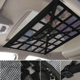 VARMHUS Ceiling Storage Net, Car Cargo Net, Roof Net, Car Accessories, Convenient Storage, Luggage Net, Buckle Fixed, Adjustable, 2-Layer Type, Fall Prevention, 35.4 x 25.6 inches (90 x 65 cm)