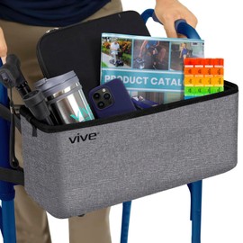 Vive Walker Basket Accessories Bag - Tray for Folding Walker with Water Cup Holder & Pockets - Universal Large Capacity Storage Container for Seniors, Elderly - Storage Mobility Aid Pouch (Gray)