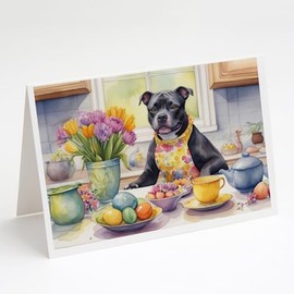 Caroline's Treasures DAC6909GCA7P Decorating Easter Staffordshire Bull Terrier Greeting Cards Pack of 8 Blank Cards with Envelopes Whimsical A7 Size 5x7 Blank Note Cards