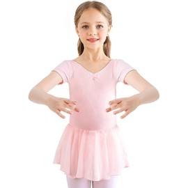 CULOTOL Toddler Girls Ballet Leotards with Skirt Classic Short Sleeve Dance Gymnastic Ballerina Outfit Dress 130cm(6-7years)