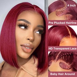 RMOARIWR 99j Burgundy Bob Wig Human Hair 180% Density 13x4 HD Transparent Lace Front Wigs Human Hair Pre Plucked Short Bob Glueless Straight Wigs Human Hair for Women 16 Inch