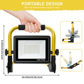 70W LED Work Light with Stand-Portable Work Light with 16.4FT Cord and US Plug - IP66 Waterproof 6500K 3600LM LED Flood Light for Job Site Workshop Garage Construction Site Lighting