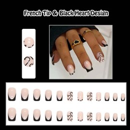 ANDGING Black Square Press on Nails Short Medium French Tip Glue on Nails with Heart Designs Full Cover Fake Nails Acrylic Classy Gel Pressons False Nails for Women Wedding Manicure Stick on Nails