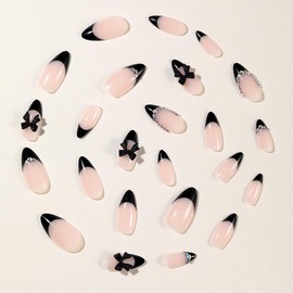 24Pcs Almond Press on Nails Medium Length French Tip Fake Nails with Designs Black Bow Acrylic Nails Glitter Diamond Glue on Nails Full Cover French False Nails Cute Bows Stick on Nails for Women